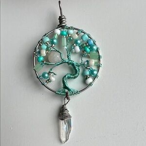 Handmade Turquoise Tree of Life Pendant with Crystal Drop